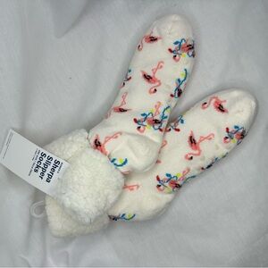 Old Navy White Sherpa Slipper Socks Christmas Flamingo with Lights